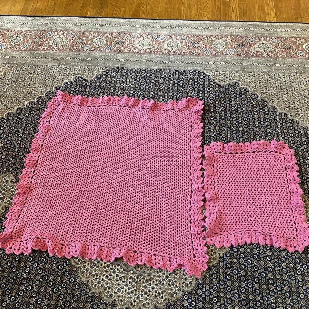 Handmade Crochet Baby Blanket Pink & White 35” X 33” & Shoulder Crochet Burp Pad